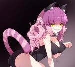  1girl absurdres animal_ear_fluff animal_ears artist_name ass bangs black_souls breasts cat_ears cat_girl cat_tail cheshire_cat_(black_souls) cleavage curly_hair eyebrows_visible_through_hair furrowed_brow gradient gradient_background grin highres leotard long_hair medium_breasts multicolored_hair pink_hair pupa_jiang purple_hair sharp_teeth sidelocks smile solo striped striped_leotard striped_tail tail tail_raised teeth two-tone_hair vertical-striped_leotard vertical_stripes 