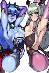  2girls arm_behind_head armpits arms_behind_head arms_up astaroth_(shinrabanshou) bat_wings black_sclera blue_hair blue_skin blush bodysuit breast_press breasts cleavage collarbone colored_sclera colored_skin demon_girl fur-trimmed_leotard fur_trim green_eyes green_hair head_wings highleg highleg_leotard highres horns large_breasts leotard long_hair looking_at_viewer low_wings morrigan_aensland multiple_girls nose_blush open_mouth pantyhose purple_legwear purple_wings shinrabanshou simple_background smle symmetrical_docking teeth upper_teeth vampire_(game) volyz white_background wings yellow_eyes 