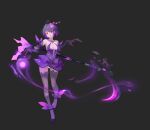  1girl :d absurdres aura bangs bare_shoulders breasts cleavage dress elbow_gloves full_body gloves grey_background high_heels highres holding holding_scythe holding_weapon honkai_(series) honkai_impact_3rd looking_at_viewer open_mouth panties purple_dress purple_footwear purple_gloves purple_hair purple_legwear red_eyes scythe seele_(alter_ego) seele_vollerei simple_background sleeveless sleeveless_dress smile solo standing underwear weapon white_panties xionghan_de_guangtou 
