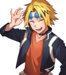  1boy :d bangs belt black_hair black_jacket blonde_hair boku_no_hero_academia boots buckle choker costume eyewear_lift hand_on_eyewear high_collar highres jacket kaminari_denki lightning_bolt_print lightning_bolt_symbol long_bangs male_focus multicolored_hair open_mouth orange_shirt parted_bangs shirt short_hair simple_background smile solo tamayai tinted_eyewear upper_body white_background yellow_eyes 