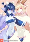  2girls animal_ears bare_shoulders blonde_hair blue_hair breasts covered_navel cowboy_shot double_vertical_stripe dragon_ears dragon_girl dragon_horns dragon_tail dragon_wings furry furry_female gris_swimsuit highleg highleg_swimsuit highres horns large_breasts levia_(shepherd0821) long_hair meme meme_attire missaka multiple_girls off-shoulder_one-piece_swimsuit off_shoulder one-piece_swimsuit original pointy_ears ptera_(shepherd0821) red_eyes see-through see-through_swimsuit shiny shiny_clothes short_hair small_breasts strapless strapless_swimsuit swimsuit tail wings 