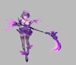  1girl :d absurdres bangs bare_shoulders breasts cleavage dress elbow_gloves full_body gloves grey_background high_heels highres holding holding_scythe holding_weapon honkai_(series) honkai_impact_3rd looking_at_viewer open_mouth panties purple_dress purple_footwear purple_gloves purple_hair purple_legwear red_eyes scythe seele_(alter_ego) seele_vollerei simple_background sleeveless sleeveless_dress smile solo standing tattoo underwear weapon white_panties xionghan_de_guangtou 