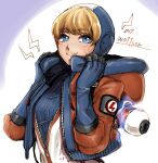  1girl akami_maguro apex_legends bangs blue_bodysuit blue_eyes blue_headwear bodysuit character_name electricity eyebrows_visible_through_hair highres hood hooded_jacket jacket leaning_back lightning_bolt_symbol orange_jacket parted_lips ribbed_bodysuit scar scar_on_cheek scar_on_face smile solo upper_body wattson_(apex_legends) white_background white_bodysuit 