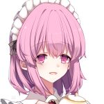  1girl :d absurdres artist_name bangs black_souls chinese_commentary eyebrows_visible_through_hair eyes_visible_through_hair hair_between_eyes heart heart-shaped_pupils highres looking_at_viewer maid_headdress open_mouth pink_eyes pink_hair portrait pupa_jiang short_hair simple_background smile solo symbol-shaped_pupils teapot victoria_(black_souls) white_background 