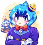  :&lt; bangs black_hair black_pants blue_hair blush_stickers bow bowtie brawl_stars caramell0501 character_request chibi closed_mouth crossed_arms gloves highres jacket long_sleeves looking_at_viewer multicolored_hair pants parted_lips purple_eyes purple_jacket red_bow red_bowtie shirt sleeves_past_wrists streaked_hair thick_eyebrows triangle_mouth white_gloves white_shirt 