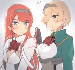  2girls alternate_hair_length alternate_hairstyle ark_royal_(kancolle) black_gloves blonde_hair blue_eyes blush closed_mouth flower gloves hairband hairstyle_switch highres jacket kantai_collection long_hair long_sleeves ma_rukan military military_uniform multiple_girls open_mouth red_flower red_hair red_ribbon red_rose ribbon rose short_hair signature smile tiara uniform upper_body victorious_(kancolle) white_jacket 
