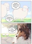  aman_(weibo) anthro biped brown_body brown_fur canid canine canis comic domestic_dog edit english_text feral fur group hard_translated herding_dog mammal outside pastoral_dog plant sitting text translated tree white_body white_fur 