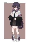  1girl absurdres alternate_costume bag bandaid black_jacket blue_archive hair_ornament hairclip haruka_(blue_archive) high_tops highres jacket jacket_partially_removed necktie purple_bag purple_eyes purple_footwear purple_hair retri shirt simple_background white_shirt 