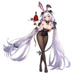  1girl absurdly_long_hair alcohol animal_costume animal_ears black_legwear blue_eyes braid brandy breasts bunny_costume cat_ears cat_girl cat_tail cleavage fake_animal_ears full_body highres large_breasts last_origin leotard long_hair looking_at_viewer official_art paintale pantyhose perrault_(last_origin) playboy_bunny playboy_bunny_leotard silver_hair solo tachi-e tail thigh_gap transparent_background tray twin_braids very_long_hair yellow_eyes 