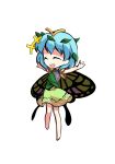  +++ 1girl antennae aqua_hair barefoot butterfly_wings chibi closed_eyes dairi dress eternity_larva eyebrows_visible_through_hair fairy full_body green_dress hair_between_eyes leaf leaf_on_head multicolored_clothes multicolored_dress open_mouth short_hair short_sleeves single_strap smile solo spread_legs standing tachi-e touhou transparent_background wings 