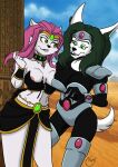  anthro anthro_on_anthro blush bucky_o&#039;hare_(series) canid canine canis clothed clothing colored detailed_background domestic_cat duo edit fangs felid feline felis female female/female fluffy fluffy_tail fur gem green_eyes green_hair hair hi_res jenny_(bucky_o&#039;hare) mammal nepthys-ma&#039;at nipples pink_hair risenhentaidemon white_body white_fur wolf yawg 