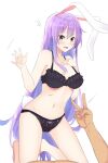  1boy 1girl animal_ears bangs black_bra black_panties blush bow bow_panties bra breasts cleavage collarbone eyelashes hand_on_own_chest highres light_purple_hair long_hair looking_at_viewer navel open_mouth panties rabbit_ears rabbit_tail red_eyes reisen_udongein_inaba shiny shiny_hair sidelocks simple_background stomach surprised sweatdrop symbol-only_commentary tail touhou underwear v white_background xialuluo_(sharuro) 