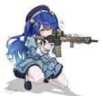  1girl absurdres ahoge aiming amamiya_kokoro asanaya assault_rifle bangs bell black_footwear blue_dress blue_hair blush closed_mouth commentary_request dress fang gun hair_intakes hair_ornament hat highres holding holding_gun holding_weapon jingle_bell juliet_sleeves loafers long_hair long_sleeves nijisanji one_knee petticoat puffy_sleeves rifle scope shadow shoes signature skin_fang smile solo sparkle thighhighs weapon white_legwear wings x_hair_ornament yellow_eyes 