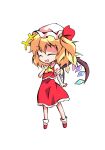  1girl ascot bangs blonde_hair chibi clip_studio_paint_(medium) closed_eyes collared_dress crystal dairi dress eyebrows_visible_through_hair flandre_scarlet frills full_body hair_between_eyes hair_ribbon hand_up happy hat jewelry mob_cap multicolored_wings one_side_up open_mouth puffy_short_sleeves puffy_sleeves red_dress red_footwear red_ribbon ribbon shirt shoes short_hair short_sleeves simple_background smile socks solo standing tachi-e touhou white_background white_headwear white_legwear white_shirt wings yellow_ascot 