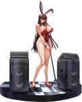  1girl areola_slip areolae bangs between_breasts blush breasts crossed_bangs full_body hair_between_eyes hair_intakes high_heels highres huge_breasts last_origin leotard long_hair microphone microphone_stand mr.yun official_art open_mouth playboy_bunny playboy_bunny_leotard red_leotard royal_arsenal solo speaker tachi-e transparent_background very_long_hair 