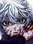  1boy animal_ear_fluff bangs black_shirt blood blood_on_face blood_on_hands cat_boy chakumi crazy_raccoon green_eyes hair_between_eyes head_tilt heterochromia highres male_focus open_mouth portrait ras_(crazy_raccoon) red_eyes shirt solo white_background 