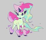  alternate_color animal animal_focus christine_liu english_commentary galarian_ponyta green_eyes grey_background highres horns horse no_humans open_mouth pokemon pokemon_(creature) ponyta purple_fur simple_background single_horn 