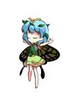  1girl antennae aqua_hair barefoot butterfly_wings chibi closed_eyes closed_mouth dairi dress eternity_larva eyebrows_visible_through_hair fairy full_body green_dress hair_between_eyes leaf leaf_on_head multicolored_clothes multicolored_dress short_hair short_sleeves single_strap solo spread_legs standing sweatdrop tachi-e touhou transparent_background wings 
