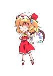  1girl ascot bangs blonde_hair chibi clip_studio_paint_(medium) closed_eyes closed_mouth collared_dress crystal dairi dress eyebrows_visible_through_hair flandre_scarlet frills full_body hair_between_eyes hair_ribbon hand_up hat jewelry mob_cap multicolored_wings nervous one_side_up puffy_short_sleeves puffy_sleeves red_dress red_footwear red_ribbon ribbon shirt shoes short_hair short_sleeves simple_background socks solo standing tachi-e touhou white_background white_headwear white_legwear white_shirt wings yellow_ascot 
