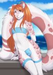  2022 accelo accelo_(character) anthro clothed clothing day detailed_background digital_media_(artwork) felid fur girly gris_swimsuit hair heterochromia hi_res leopard male mammal meme meme_clothing midriff navel one-piece_swimsuit orange_hair outside pantherine sky smile solo swimwear translucent translucent_clothing translucent_swimwear white_body white_fur 