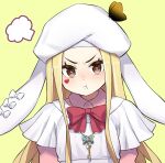  1girl :t =3 absurdres blonde_hair blush bow bowtie brown_eyes bug butterfly butterfly_on_hat capelet commentary compilation facial_mark hat heart highres key long_hair looking_at_viewer luis_cammy nijisanji oogushi_aritomo pout red_bow red_bowtie simple_background solo upper_body v-shaped_eyebrows virtual_youtuber white_capelet white_headwear yellow_background 