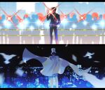  2boys backlighting bird bow bowtie brown_hair card caution_tape city clenched_hand closed_mouth commentary_request crowd diffraction_spikes dove faceless facing_away facing_viewer feet_out_of_frame floating_cape formal from_behind hand_in_pocket hand_up hat highres kaitou_kid kidkuroba4869 korean_commentary kudou_shin&#039;ichi letterboxed light_smile male_focus meitantei_conan motion_blur multiple_boys police red_bow red_bowtie short_hair standing suit top_hat white_headwear 