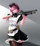  1girl absurdres aiming apron arms_up bangs belt black_gloves black_legwear black_skirt breasts commentary_request cowboy_shot crossed_bangs frilled_apron frilled_sleeves frills gloves goggles goggles_on_head grey_background gun hair_between_eyes hair_ornament headphones highres holding holding_gun holding_weapon long_hair looking_to_the_side maid maid_apron maid_headdress open_mouth original pantyhose parted_lips pink_hair pouch red_eyes shaded_face shadow shell_casing shiny shiny_hair short_sleeves shotgun skirt solo tari_(aegr3883) weapon 