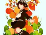  1girl :3 bangs black_hair black_legwear black_serafuku black_skirt blush_stickers brown_hair brown_legwear brown_serafuku brown_skirt butudan_butugu closed_eyes facing_viewer feet_out_of_frame flower food fruit hair_flower hair_ornament kneehighs leaf long_sleeves minigirl neckerchief no_nose original pear school_uniform serafuku short_hair skirt smile solo symbol-only_commentary white_background white_neckerchief 