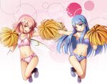  2girls :d :o armpits bare_arms bare_shoulders blue_eyes blue_footwear blue_hair blue_skirt bow bow_panties cheerleader chima_q clothes_writing collarbone commentary_request daiyousei_mob_(touhou) extra fairy fairy_wings full_body hair_ornament heart heart_background legs long_hair looking_at_viewer midriff multiple_girls navel open_mouth outstretched_arm panties pink_hair pom_pom_(cheerleading) red_bow red_eyes shoes skirt smile sneakers spoken_heart tank_top textless thighs touhou underwear white_panties wings yellow_bow 