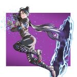  1girl airborne anemia_kwus apex_legends b3_wingman bangs black_bodysuit black_hair blue_eyes bodysuit border floating_hair from_side gloves glowing glowing_eyes grey_gloves gun hair_bun handgun highres holding holding_gun holding_weapon looking_to_the_side open_hand outside_border parted_bangs portal_(object) purple_background revolver scowl solo weapon white_border wraith_(apex_legends) 