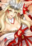  1girl animal_ear_fluff animal_ears bangs bare_shoulders beast_iv:l blonde_hair blush breasts cleavage detached_collar extra_ears eyeliner fate/grand_order fate_(series) fox_ears fox_girl fox_shadow_puppet fox_tail fur_collar hair_between_eyes headpiece highres japanese_clothes kimono koyanskaya_(fate) large_breasts long_hair long_sleeves looking_at_viewer makeup off_shoulder open_mouth rope sash sidelocks smile solo sphere-stc tail tamamo_(fate) very_long_hair white_kimono wide_sleeves yellow_eyes 