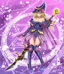  1girl bare_shoulders blonde_hair blush boots breasts cape cleavage closed_mouth collarbone commentary_request dark_magician_girl dark_paladin detached_sleeves fingerless_gloves frilled_skirt frills full_body fusion gloves glowing gold_choker green_eyes hair_between_eyes hat highres holding holding_weapon knee_boots knees_together_feet_apart large_breasts large_hat legs long_hair magic magical_girl magician off_shoulder pink_background pink_cape signature skirt smile solo sparkle standing takecha thigh_boots thighhighs weapon yu-gi-oh! yu-gi-oh!_duel_monsters 