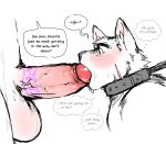  anthro balls blush bound canid canine canis chain collar dialogue domestic_dog duo erection forced forced_oral genital_tattoo genitals hi_res humanoid_genitalia humanoid_penis hyenaface male male/male mammal oral penis penis_tattoo rape scar sex simple_background tattoo 