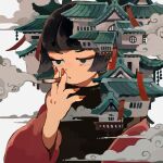  1girl architecture bangs banner black_eyes black_hair black_shirt blunt_bangs butudan_butugu cigarette cloud east_asian_architecture hand_up highres holding holding_cigarette house long_sleeves original red_eyeliner red_nails red_sleeves shirt short_hair smoke smoking solo surreal symbol-only_commentary upper_body white_background whorled_clouds 