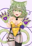  1girl :d adapted_costume animal_ears animal_hands bare_shoulders bell blush breasts collar cowboy_shot gloves green_eyes green_hair highres jingle_bell kemonomimi_mode komeiji_koishi leotard looking_at_viewer medium_hair multiple_tails no_hat no_headwear pantyhose paw_gloves round_teeth simple_background small_breasts smile solo strapless strapless_leotard tail teeth touhou two_tails upper_teeth washiwa white_background yellow_leotard 