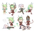  1boy 2girls absurdres animal_ears anre_(anrepoi) armor arrow_(projectile) arrow_in_body boots bow_(weapon) braid cat_ears cat_girl cat_tail ceres_fauna chibi corpse elf faendal_(skyrim) giving_up_the_ghost green_hair hagraven harpy highres hololive hololive_english khajiit long_hair monster_girl multiple_girls pointy_ears running smug sword tail the_elder_scrolls the_elder_scrolls_v:_skyrim virtual_youtuber weapon yellow_eyes 