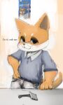  anthro black_eyes blush bodily_fluids brush bulge canid canine canis clothing comb_(brush) ears_up eyewear fur glasses hairbrush hands_on_hips hi_res kemono key_rooki looking_at_viewer male mammal neck_tuft orange_body orange_fur raised_tail smile smirk solo solo_focus sweat text tuft white_body 