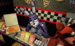  absurd_res animatronic anthro bent_over beverage_can black_nose bonnie_(fnaf) breasts female five_nights_at_freddy&#039;s food foxy_(fnaf) hi_res lagomorph leporid lips lipstick machine makeup mammal phoenix_adverdale pizza pizza_box purple_body purple_cheeks rabbit red_eyes robot robotic scottgames soda_fountain solo solo_focus touching_face video_games white_lips white_lipstick working working_class 