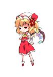  1girl anger_vein angry ascot bangs black_eyes blonde_hair chibi clip_studio_paint_(medium) closed_mouth collared_dress crystal dairi dress eyebrows_visible_through_hair flandre_scarlet frills full_body hair_between_eyes hair_ribbon hand_up hat jewelry looking_to_the_side mob_cap multicolored_wings one_side_up puffy_short_sleeves puffy_sleeves red_dress red_eyes red_footwear red_ribbon ribbon shirt shoes short_hair short_sleeves simple_background socks solo standing tachi-e touhou white_background white_headwear white_legwear white_shirt wings yellow_ascot 