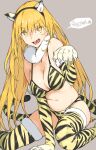  +_+ 1girl animal_ears animal_hands animal_print bikini blonde_hair breasts fake_animal_ears fake_tail fur_collar fur_trim gloves haimura_kiyotaka highres large_breasts long_hair official_art paw_gloves revision shokuhou_misaki solo swimsuit tail thighhighs tiger_ears tiger_girl tiger_print tiger_tail toaru_majutsu_no_index yellow_eyes 