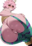  anus ashido_mina black_sclera blush butt censored clothing female genitals grin hair hi_res humanoid leggings legwear minakamin90 my_hero_academia not_furry pink_body pink_hair pink_skin presenting presenting_anus pubes pussy simple_background smile solo thick_thighs white_background wide_hips yellow_eyes 