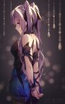  1girl arms_behind_back bangs blush bracelet breasts closed_mouth commentary dress eyebrows_visible_through_hair formal genshin_impact hair_ornament highres jewelry keqing_(genshin_impact) keqing_(opulent_splendor)_(genshin_impact) long_hair looking_at_viewer looking_to_the_side purple_eyes purple_hair rimuu smile solo strapless strapless_dress twintails 