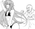  1boy 1girl bb_(baalbuddy) beard biceps bikini closed_mouth commentary coomer english_commentary facial_hair flat_chest greyscale hand_up high_school_dxd highres long_hair looking_at_viewer meme monochrome muscular muscular_male navel rias_gremory shirt simple_background smile swimsuit very_long_hair white_background 