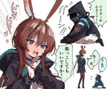  1girl 1other age_regression animal_ear_fluff animal_ears arknights black_jacket blush brown_hair brown_legwear commentary_request doctor_(arknights) emphasis_lines flying_sweatdrops highres hood hood_down hood_up hooded_jacket jacket long_hair low_ponytail na_tarapisu153 open_clothes open_jacket pants pantyhose ponytail rabbit_ears sidelocks simple_background standing sweat translation_request very_long_hair white_background white_pants younger 