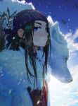  1girl absurdres asirpa bandana blue_sky day earrings edpan from_side golden_kamuy green_eyes highres hoop_earrings jewelry looking_at_viewer outdoors parted_lips sky solo wolf 