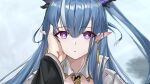  1boy 1girl arknights bangs blue_hair commentary_request earrings eyebrows_visible_through_hair hair_between_eyes hand_on_another&#039;s_face horns jewelry ling_(arknights) long_hair long_sleeves long_wuxian looking_at_viewer multicolored_hair out_of_frame parted_lips pointy_ears ponytail portrait purple_eyes shirt solo_focus streaked_hair white_hair white_shirt wide_sleeves 