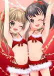  2girls armpits black_hair blush brown_eyes brown_hair christmas collarbone eyebrows_visible_through_hair flat_chest fukuyama_mai ggyoku green_eyes hair_ornament highres idolmaster idolmaster_cinderella_girls long_hair looking_at_viewer multiple_girls navel one_eye_closed open_mouth smile twintails yokoyama_chika 