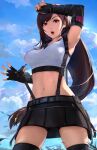  1girl 2boys aircraft arm_up bangs barret_wallace bike_shorts black_gloves black_legwear black_skirt breasts brown_hair cloud cloud_strife cloudy_sky crop_top day earrings elbow_gloves english_commentary eyebrows_visible_through_hair final_fantasy final_fantasy_vii final_fantasy_vii_remake fingerless_gloves gloves hand_on_own_head highres highwind jewelry large_breasts long_hair looking_at_viewer miniskirt multiple_boys navel open_mouth outdoors red_eyes revision shorts shorts_under_skirt skirt sky sleeveless solo_focus stomach suspender_skirt suspenders sweat thighhighs tifa_lockhart twitter_username underwear unsomnus very_long_hair zipper zipper_pull_tab 