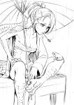  1girl breasts cleavage closed_mouth fewer_digits frog greyscale highres kiseru lizard_tail long_sleeves medium_breasts monochrome mouth_hold nakamura_regura oil-paper_umbrella original pipe ponytail prehensile_feet prehensile_tail rain sarashi scales smoking solo tail umbrella white_background 