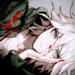  1boy bangs collarbone danganronpa_(series) danganronpa_2:_goodbye_despair green_jacket grey_background grey_eyes grey_hair hair_between_eyes hand_on_own_face hood hood_down hooded_jacket jacket komaeda_nagito koshika_rina long_sleeves looking_at_viewer male_focus medium_hair messy_hair nail_polish open_clothes open_jacket portrait red_nails shiny shiny_hair shirt simple_background smile solo white_shirt 